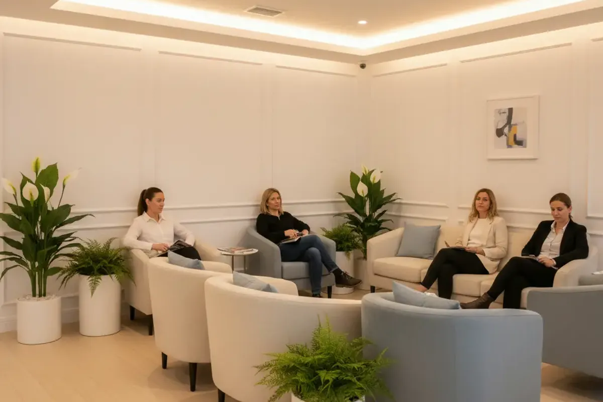 Private clinic waiting room with artificial peace lily and fern plants in white ceramic pots, patients seated in calm warm-lit interior