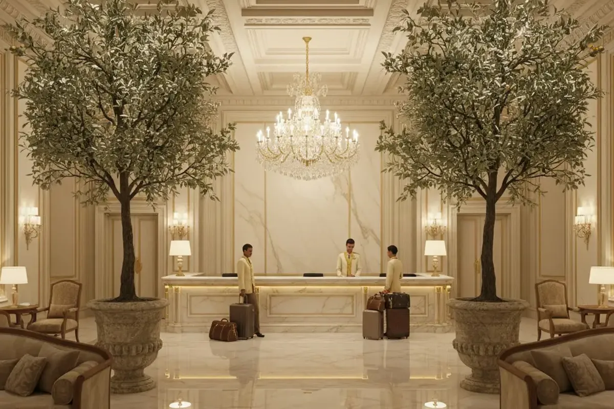 Grand hotel lobby with large artificial olive trees in stone urns flanking a marble reception desk, crystal chandelier above