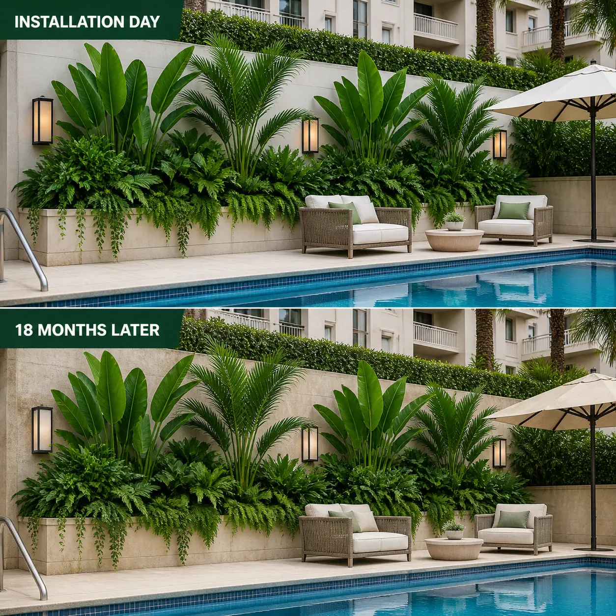 Hotel pool area before and after comparison — Installation Day showing lush green tropical artificial plants, versus 18 months later with plants maintaining full color and density using LaySun UV-protected HDPE