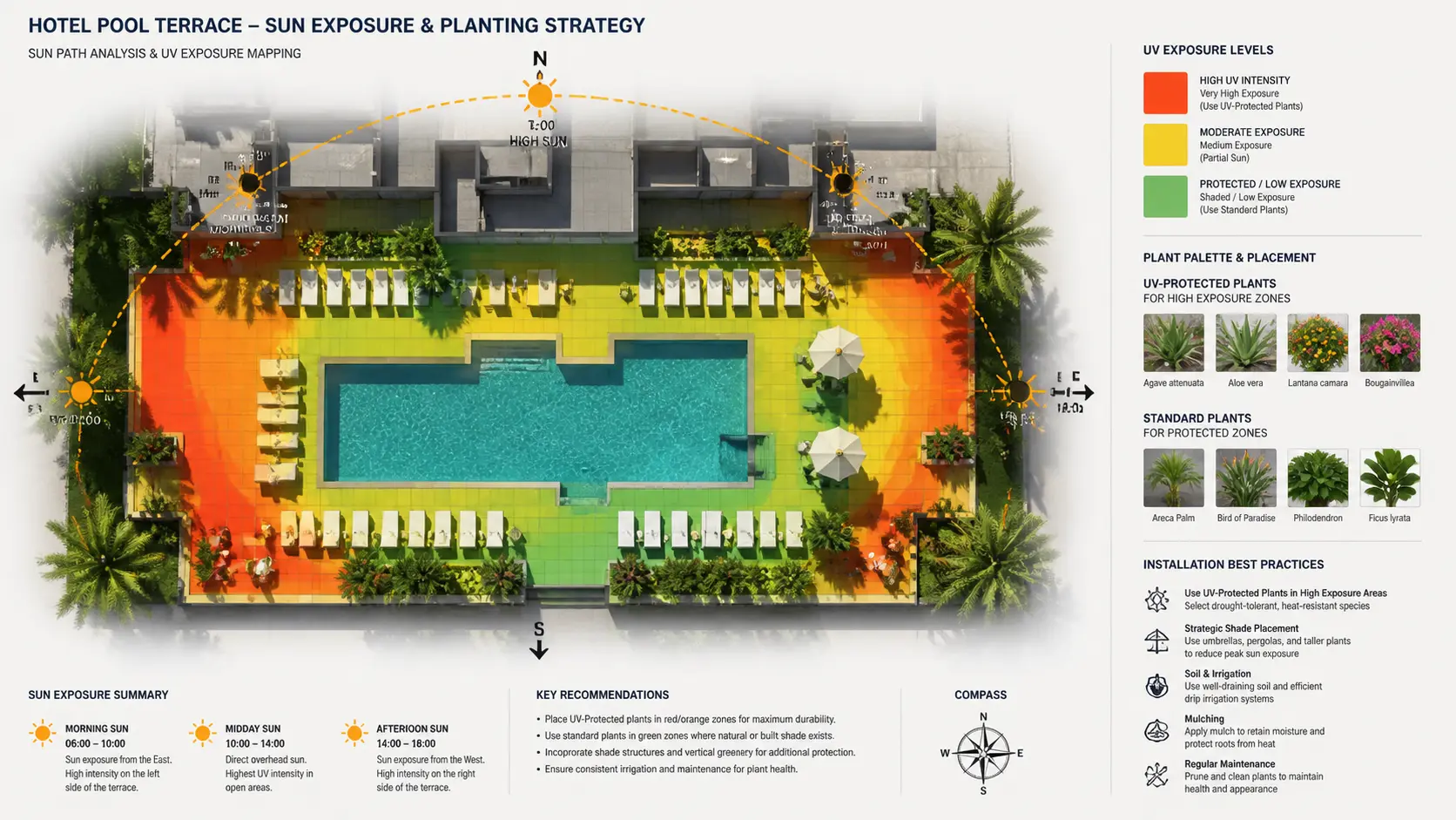 Hotel pool terrace sun exposure and planting strategy diagram — overhead sun path analysis showing high UV zones in red and orange, moderate in yellow, and shaded low-exposure areas in green, with UV-protected plant placement recommendations