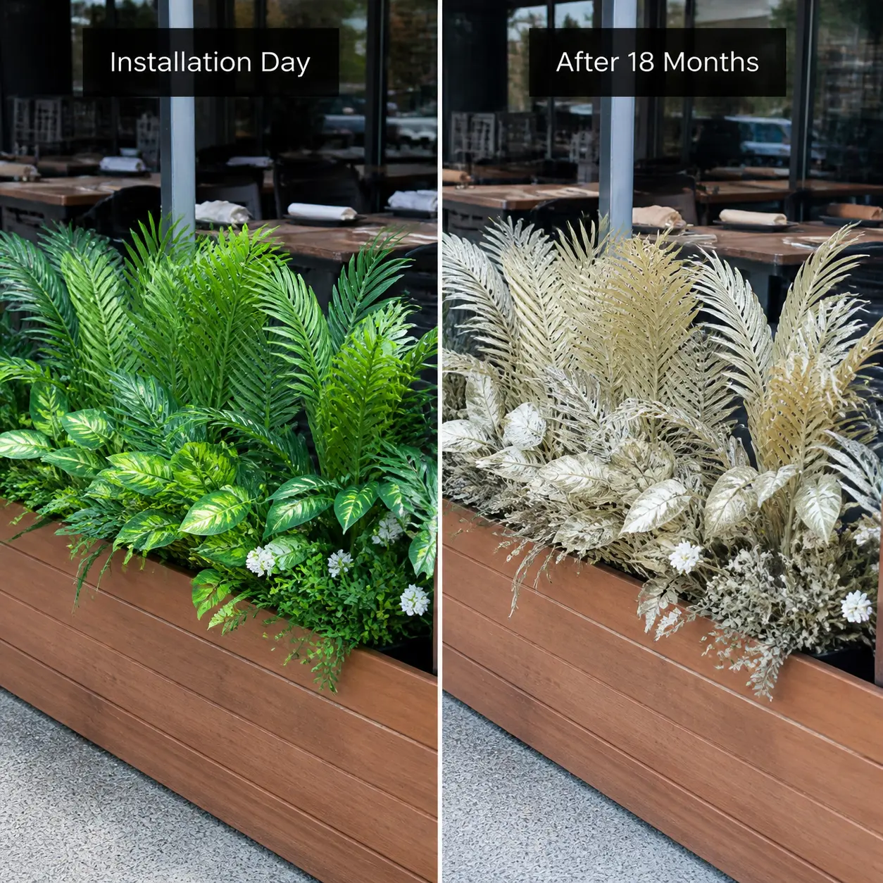 Restaurant patio planter before and after comparison — vibrant green artificial plants on installation day versus completely bleached, faded white and gold foliage after 18 months of UV exposure on standard plastic
